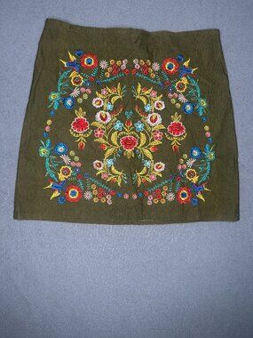 Katrina Embroidered Mini Skirt Womens Boho Floral Folk Art Olive Size 34/ US 2-4